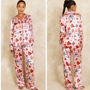 THEIR NIBS Pink Mon Couer Romantic Satin Notched Long Sleeve PJ Set LARGE